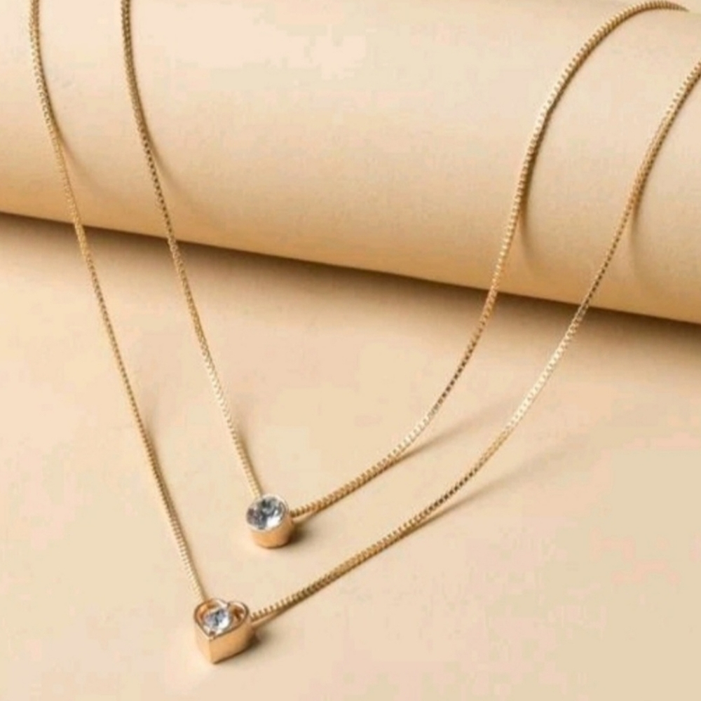 CZ Diamond Heart Charm Layered Necklace